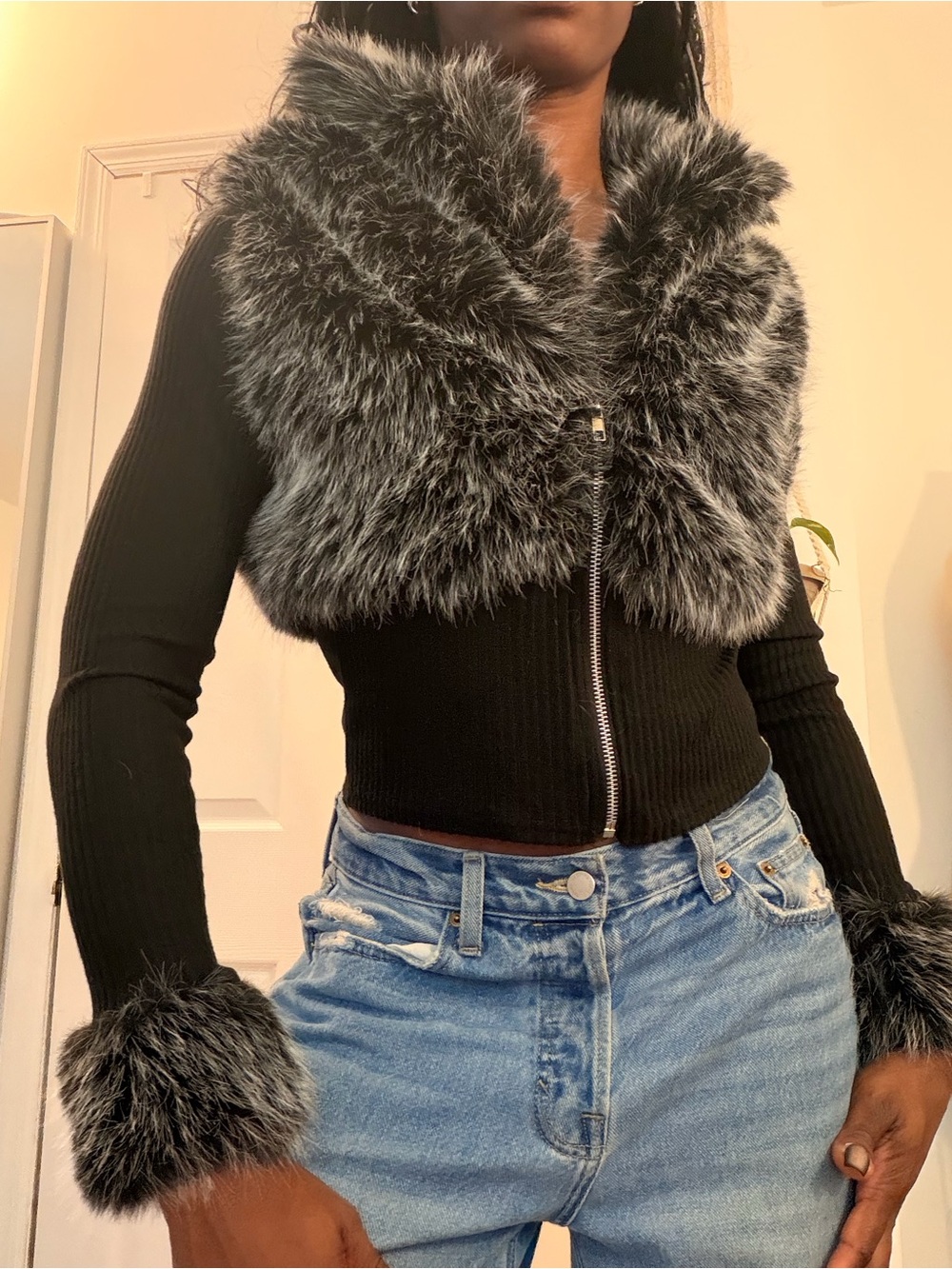 Faux Fur Trim Black Cropped Jacket with Gray Collar